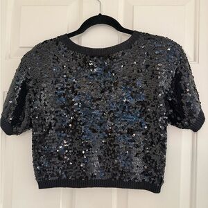 Contempo Casuals Black Short Sleeve Sequined Open Knit Crop Sweater size Medium